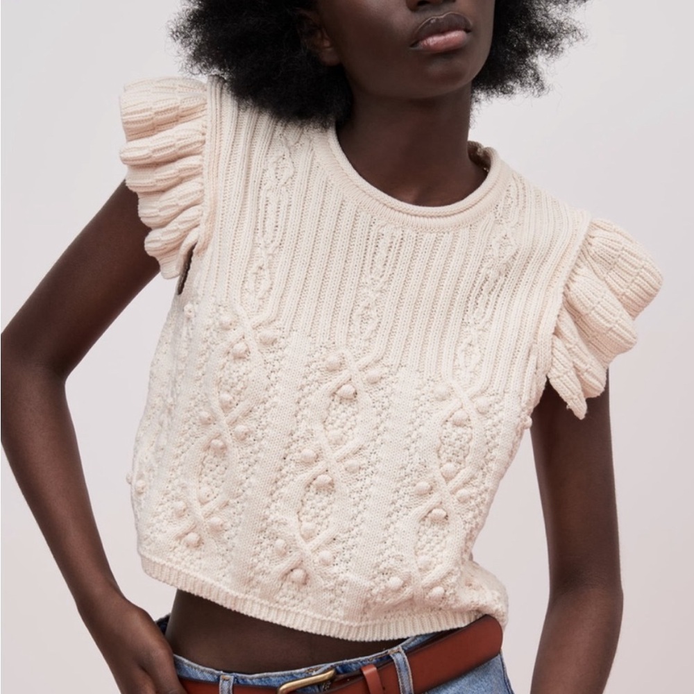 Zara Chunky Knit Cropped Ruffle Sleeves Sweater Top - Small